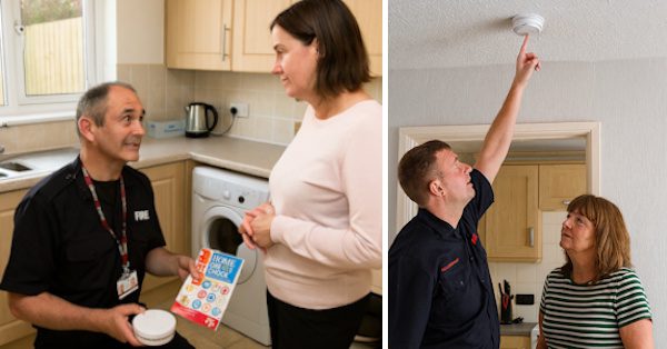 AI picture of UK Firemen talking about home safety ans ceiling smoke alarms